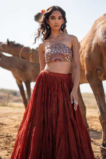 Buy_Baise Gaba_Red Chanderi, Satin, Linen Mirrors, Tassels, Kalshi Blouse And Skirt Set _Online_at_Aza_Fashions