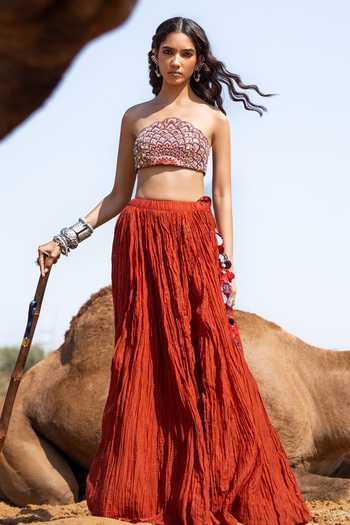 Buy_Baise Gaba_Red Chanderi, Satin, Linen Mirrors, Tassels, Kalshi Blouse And Skirt Set _at_Aza_Fashions