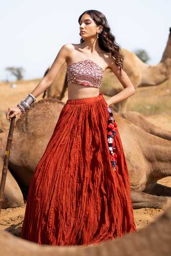 Baise Gaba_Red Chanderi, Satin, Linen Mirrors, Tassels, Kalshi Blouse And Skirt Set _Online_at_Aza_Fashions