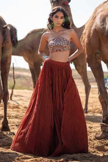 Shop_Baise Gaba_Red Chanderi, Satin, Linen Mirrors, Tassels, Kalshi Blouse And Skirt Set 