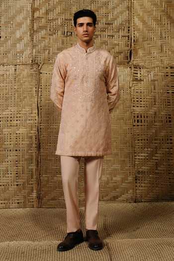 Buy_Amaare_Beige Silk, Tissue, Wool Beads, Gota Patti Nilak Embroidered Kurta Set _at_Aza_Fashions