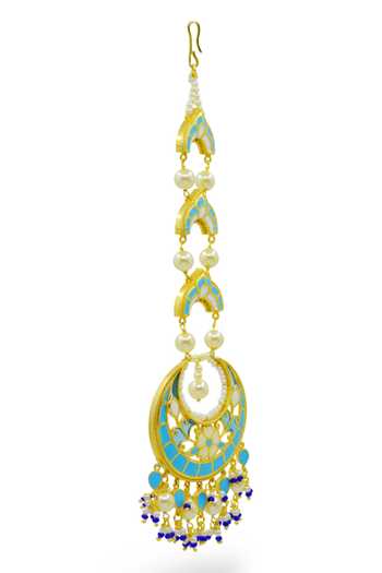 Manner_Blue Beads, Pearls Feroza Beaded Maangtikka _Online_at_Aza_Fashions