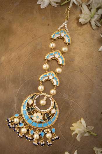 Shop_Manner_Blue Beads, Pearls Feroza Beaded Maangtikka _at_Aza_Fashions