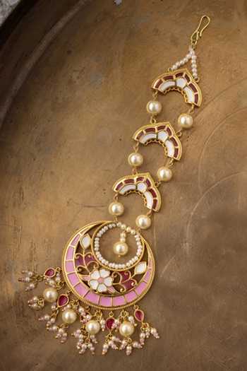 Shop_Manner_Pink Beads, Pearls Feroza Gulaabi Maangtikka _at_Aza_Fashions