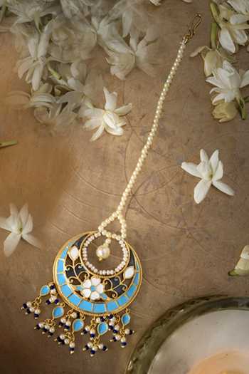 Shop_Manner_Blue Beads, Pearls Feroza Maangtikka _at_Aza_Fashions