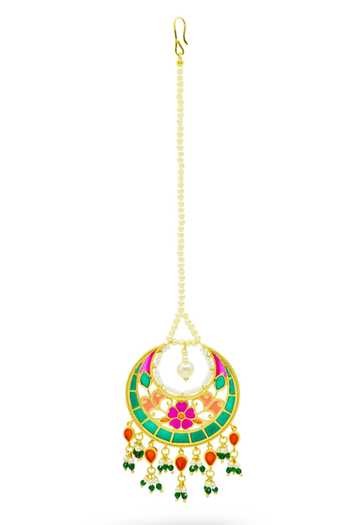 Shop_Manner_Multi Color Beads, Pearls Phulkaari Maangtikka _at_Aza_Fashions