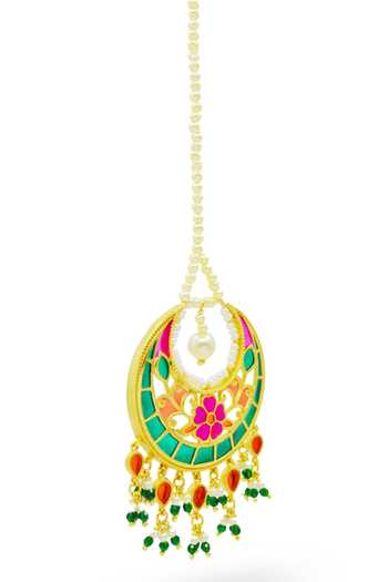 Manner_Multi Color Beads, Pearls Phulkaari Maangtikka _Online_at_Aza_Fashions
