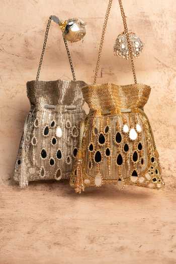 Nayaab By Sonia_Gold Beads, Pearls, Mirrors, Tassels Silk Potli Bag With Chain _Online_at_Aza_Fashions