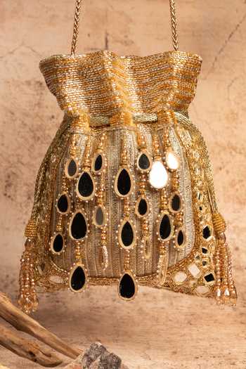 Buy_Nayaab By Sonia_Gold Beads, Pearls, Mirrors, Tassels Silk Potli Bag With Chain _at_Aza_Fashions