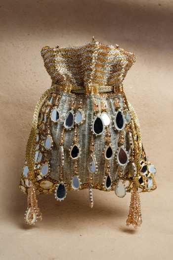 Shop_Nayaab By Sonia_Gold Beads, Pearls, Mirrors, Tassels Silk Potli Bag With Chain _at_Aza_Fashions