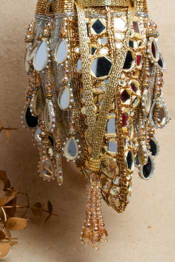 Nayaab By Sonia_Gold Beads, Pearls, Mirrors, Tassels Silk Potli Bag With Chain _Online