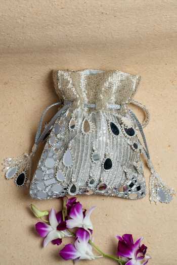 Shop_Nayaab By Sonia_Gold Beads, Pearls, Mirrors, Tassels Silk Potli Bag And Chain _at_Aza_Fashions