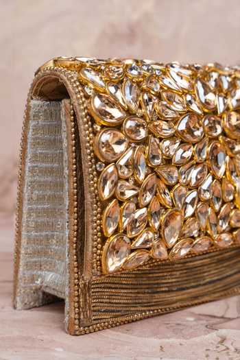 Nayaab By Sonia_Gold Stones, Crystals, Chains Kundan Embellished Silk Handbag With Strap _Online_at_Aza_Fashions
