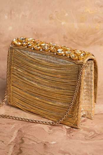 Shop_Nayaab By Sonia_Gold Stones, Crystals, Chains Kundan Embellished Silk Handbag With Strap _at_Aza_Fashions