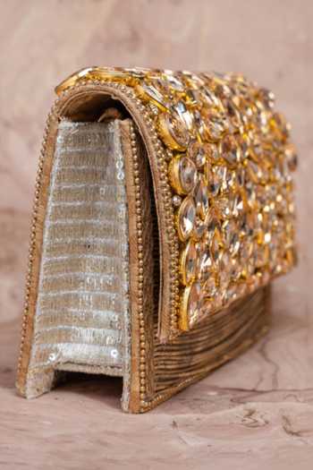 Buy_Nayaab By Sonia_Gold Stones, Crystals, Chains Kundan Embellished Silk Handbag With Strap _Online_at_Aza_Fashions