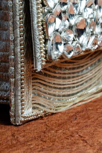 Nayaab By Sonia_Silver Stones, Mirrors, Kundan Embellished Silk Clutch With Chain Strap _Online_at_Aza_Fashions