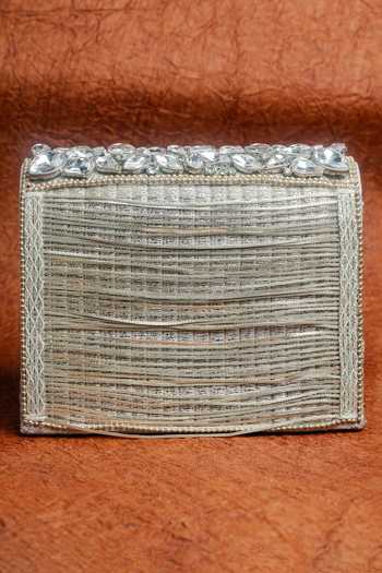 Shop_Nayaab By Sonia_Silver Stones, Mirrors, Kundan Embellished Silk Clutch With Chain Strap _at_Aza_Fashions