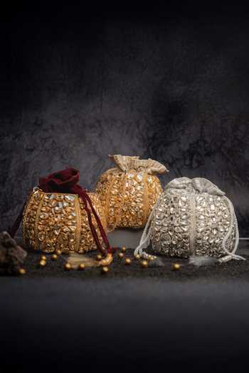 Nayaab By Sonia_Gold Beads, Stones, Crystals, Tassels Kundan Work Silk Potli Bag And Chain _Online_at_Aza_Fashions
