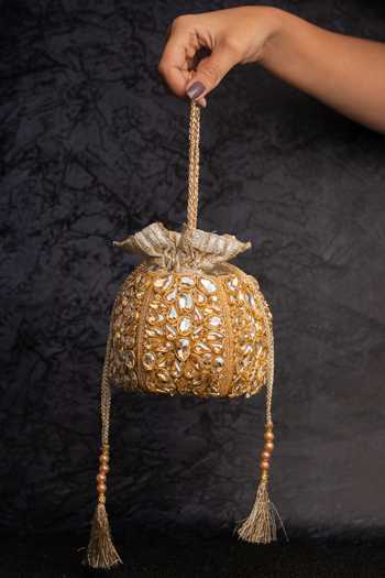Nayaab By Sonia_Gold Beads, Stones, Crystals, Tassels Kundan Work Silk Potli Bag And Chain _at_Aza_Fashions