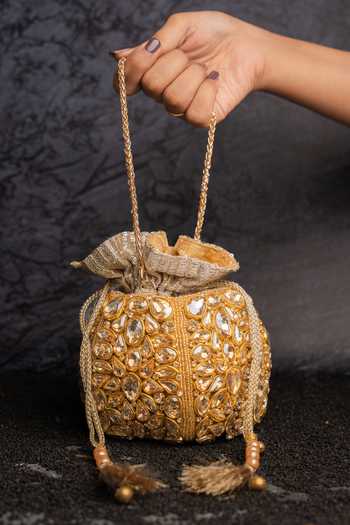 Shop_Nayaab By Sonia_Gold Beads, Stones, Crystals, Tassels Kundan Work Silk Potli Bag And Chain _at_Aza_Fashions