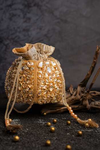 Buy_Nayaab By Sonia_Gold Beads, Stones, Crystals, Tassels Kundan Work Silk Potli Bag And Chain _at_Aza_Fashions