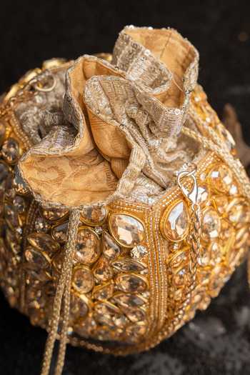 Buy_Nayaab By Sonia_Gold Beads, Stones, Crystals, Tassels Kundan Work Silk Potli Bag And Chain 