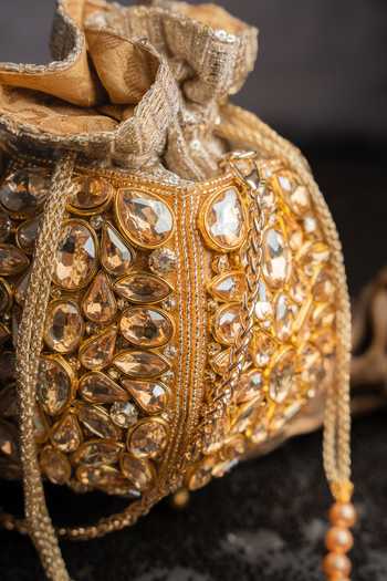 Buy_Nayaab By Sonia_Gold Beads, Stones, Crystals, Tassels Kundan Work Silk Potli Bag And Chain _Online