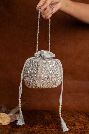 Shop_Nayaab By Sonia_Silver Stones, Mirrors Kundan Work Silk Potli Bag With Chain _at_Aza_Fashions