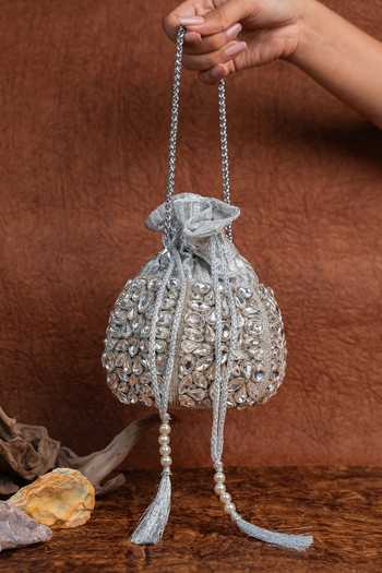 Buy_Nayaab By Sonia_Silver Stones, Mirrors Kundan Work Silk Potli Bag With Chain _at_Aza_Fashions
