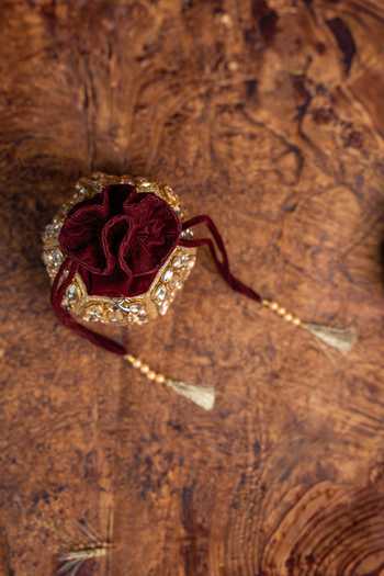 Nayaab By Sonia_Gold Beads, Stones, Mirrors, Tassels Kundan Work Silk Potli Bag And Chain _Online_at_Aza_Fashions
