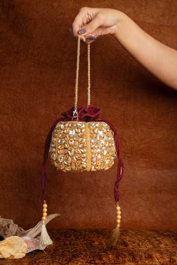 Buy_Nayaab By Sonia_Gold Beads, Stones, Mirrors, Tassels Kundan Work Silk Potli Bag And Chain _Online_at_Aza_Fashions