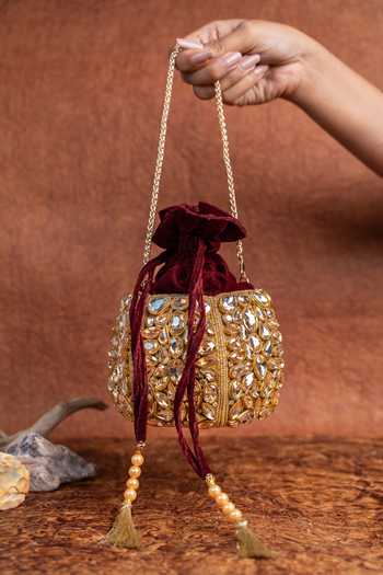 Shop_Nayaab By Sonia_Gold Beads, Stones, Mirrors, Tassels Kundan Work Silk Potli Bag And Chain _at_Aza_Fashions