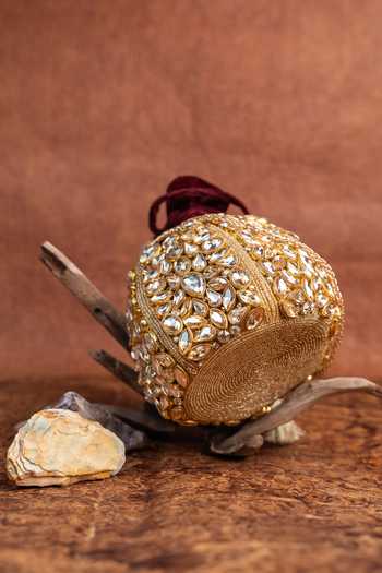 Shop_Nayaab By Sonia_Gold Beads, Stones, Mirrors, Tassels Kundan Work Silk Potli Bag And Chain _Online_at_Aza_Fashions