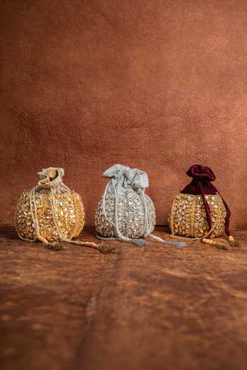 Nayaab By Sonia_Gold Beads, Stones, Mirrors, Tassels Kundan Work Silk Potli Bag And Chain _at_Aza_Fashions