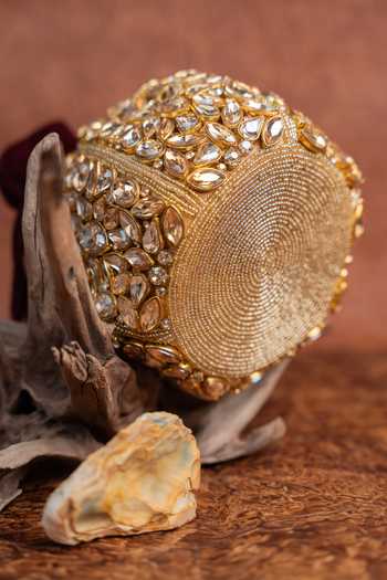 Shop_Nayaab By Sonia_Gold Beads, Stones, Mirrors, Tassels Kundan Work Silk Potli Bag And Chain 