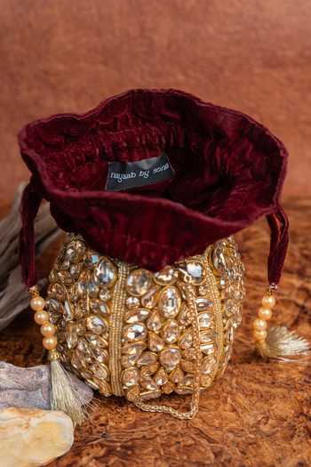 Buy_Nayaab By Sonia_Gold Beads, Stones, Mirrors, Tassels Kundan Work Silk Potli Bag And Chain _Online