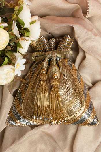 Nayaab By Sonia_Gold Embroidery, Beads, Tassels, Metallic Work Silk Potli Bag And _at_Aza_Fashions