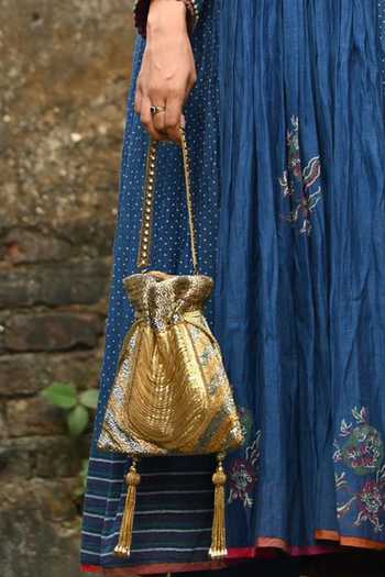 Nayaab By Sonia_Gold Embroidery, Beads, Tassels, Metallic Work Silk Potli Bag And _Online_at_Aza_Fashions
