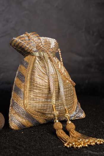Nayaab By Sonia_Gold Embroidery, Beads, Tassels, Metallic Work Silk Potli Bag And _Online