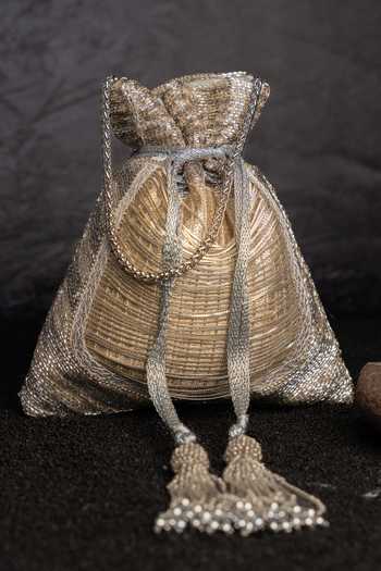 Buy_Nayaab By Sonia_Gold Tassels, Metallic Thread, Chains Silk Potli Bag And _at_Aza_Fashions