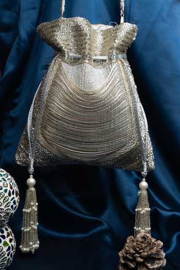 Shop_Nayaab By Sonia_Gold Tassels, Metallic Thread, Chains Silk Potli Bag And _at_Aza_Fashions