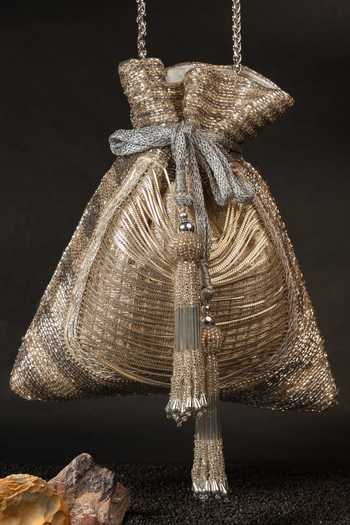 Buy_Nayaab By Sonia_Gold Tassels, Metallic Thread, Chains Silk Potli Bag And 