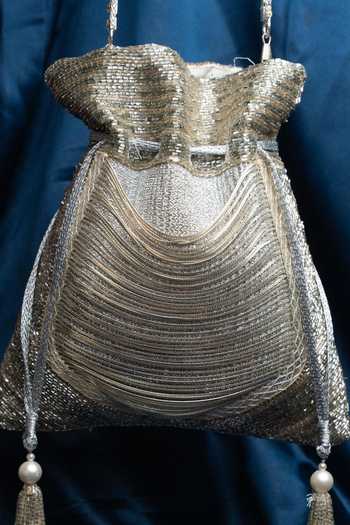 Nayaab By Sonia_Gold Tassels, Metallic Thread, Chains Silk Potli Bag And _Online