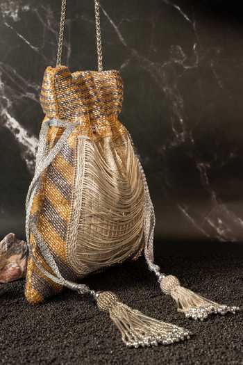 Shop_Nayaab By Sonia_Gold Beads, Tassels, Metallic Thread Work Silk Potli Bag And _at_Aza_Fashions
