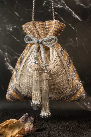 Buy_Nayaab By Sonia_Gold Beads, Tassels, Metallic Thread Work Silk Potli Bag And _at_Aza_Fashions