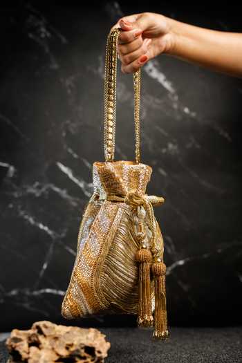 Shop_Nayaab By Sonia_Gold Tassels, Metallic Thread Work Silk Potli Bag And _Online_at_Aza_Fashions