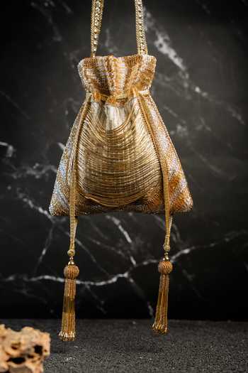 Nayaab By Sonia_Gold Tassels, Metallic Thread Work Silk Potli Bag And _at_Aza_Fashions