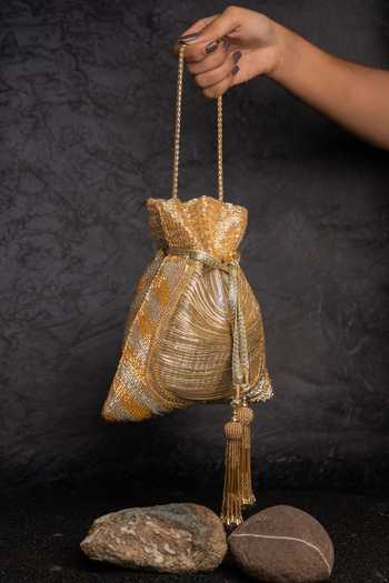 Shop_Nayaab By Sonia_Gold Tassels, Metallic Thread Work Silk Potli Bag And _at_Aza_Fashions