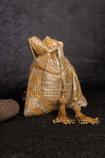 Nayaab By Sonia_Gold Tassels, Metallic Thread Work Silk Potli Bag And _Online