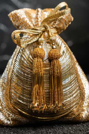 Buy_Nayaab By Sonia_Gold Tassels, Metallic Thread Work Silk Potli Bag And _Online